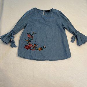 Sweet Wanderer Striped Embroidered Top Sz L Tie Bell Sleeves